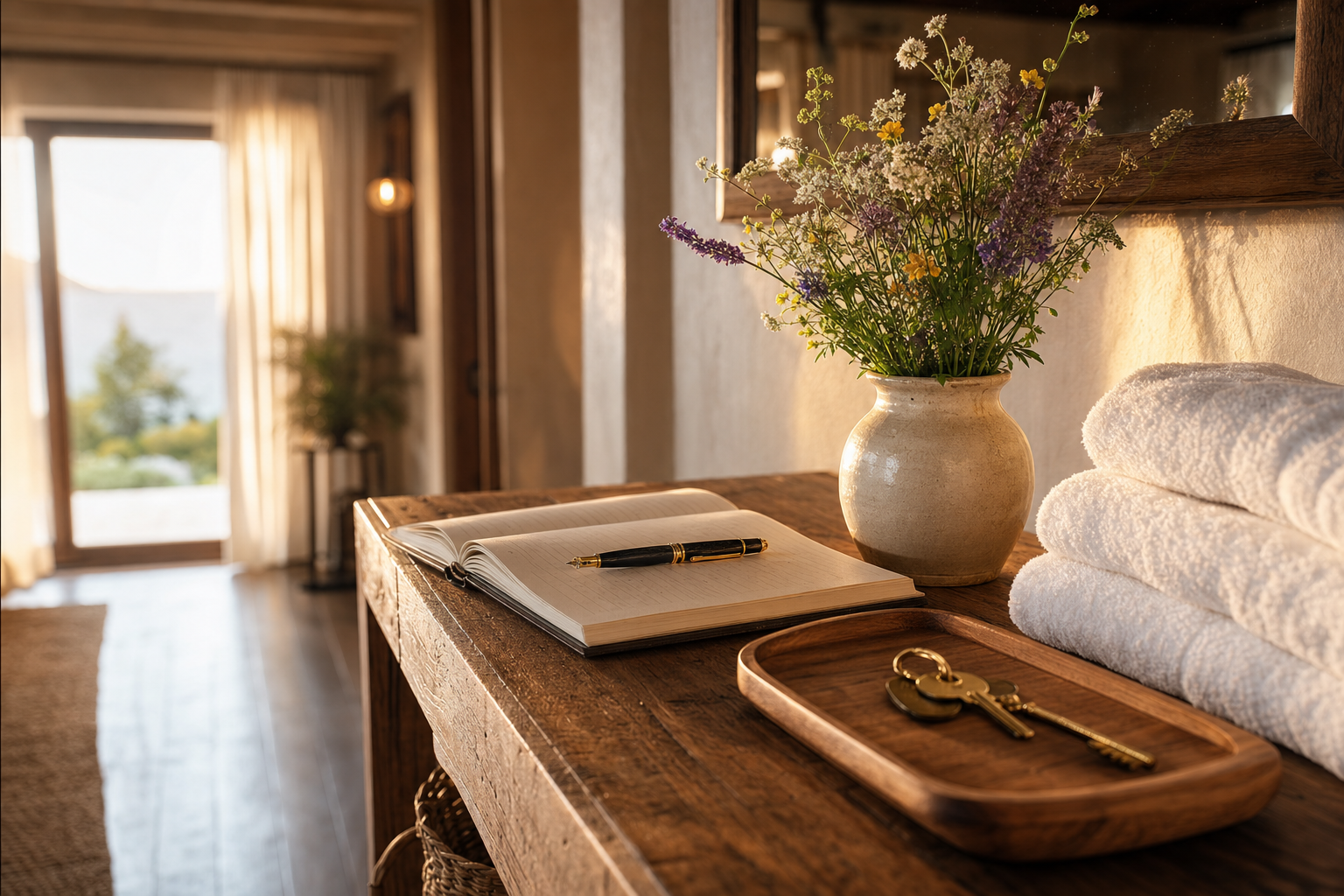 Una serena consola de entrada de renta vacacional durante la hora dorada, con llaves de la casa sobre una bandeja de madera, un libro de registro de huéspedes de papel abierto y un pequeño jarrón con flores frescas, luz cálida de ventana, sin personas.