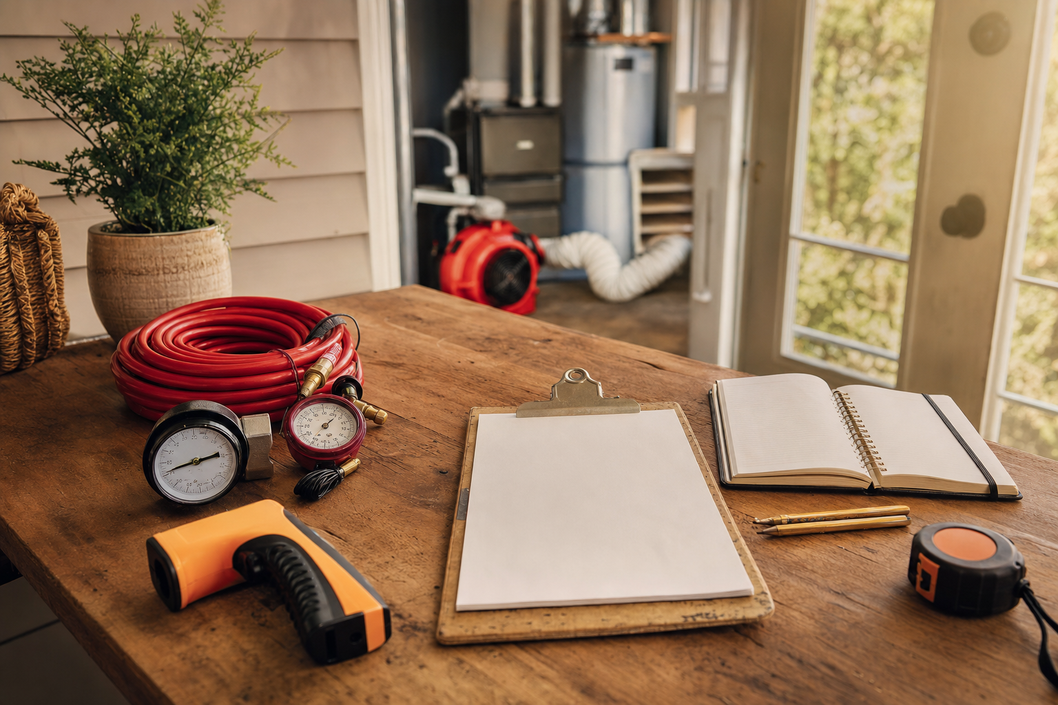 A virtual receptionist for energy auditors represented by an orderly workshop desk with inspection forms, pressure gauges, and a paper appointment book.