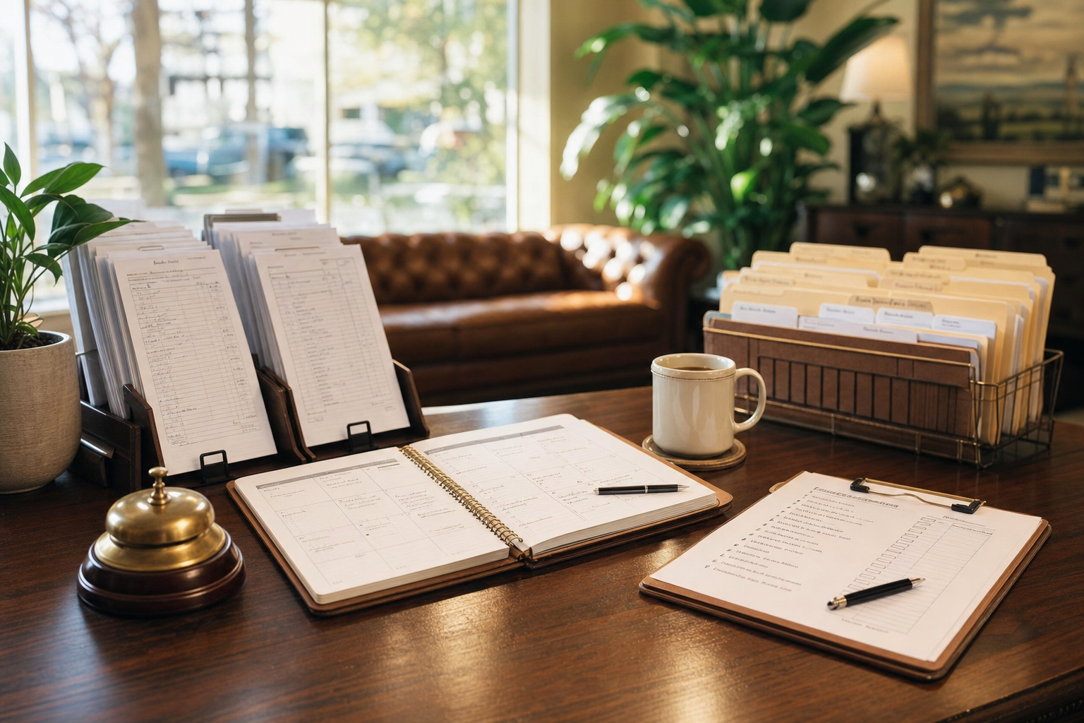 Virtual receptionist hidden costs shown through organized call logs, paper calendars, and front-desk routing notes in a warm service office.