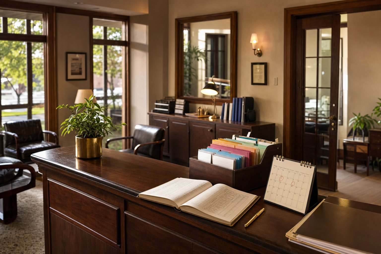 A calm front desk prepared for virtual receptionist lead qualification with paper intake cards, a service calendar, and organized client folders.