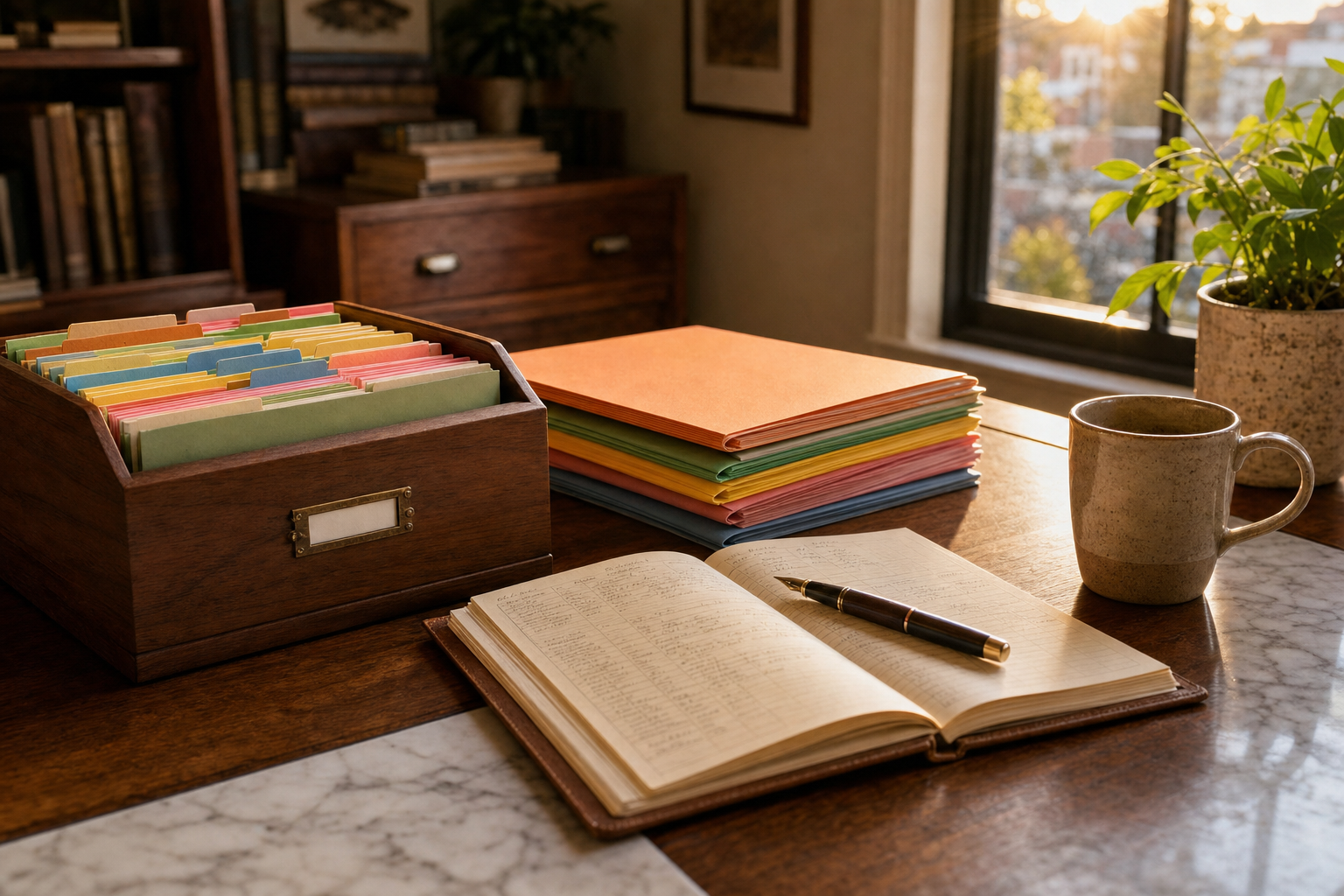 El escritorio ordenado de una oficina de contratista con una caja de tarjetas de clientes codificadas por colores ordenadas a mano y un registro de órdenes de trabajo en papel abierto junto a una taza de café, con luz dorada y cálida que entra por una ventana