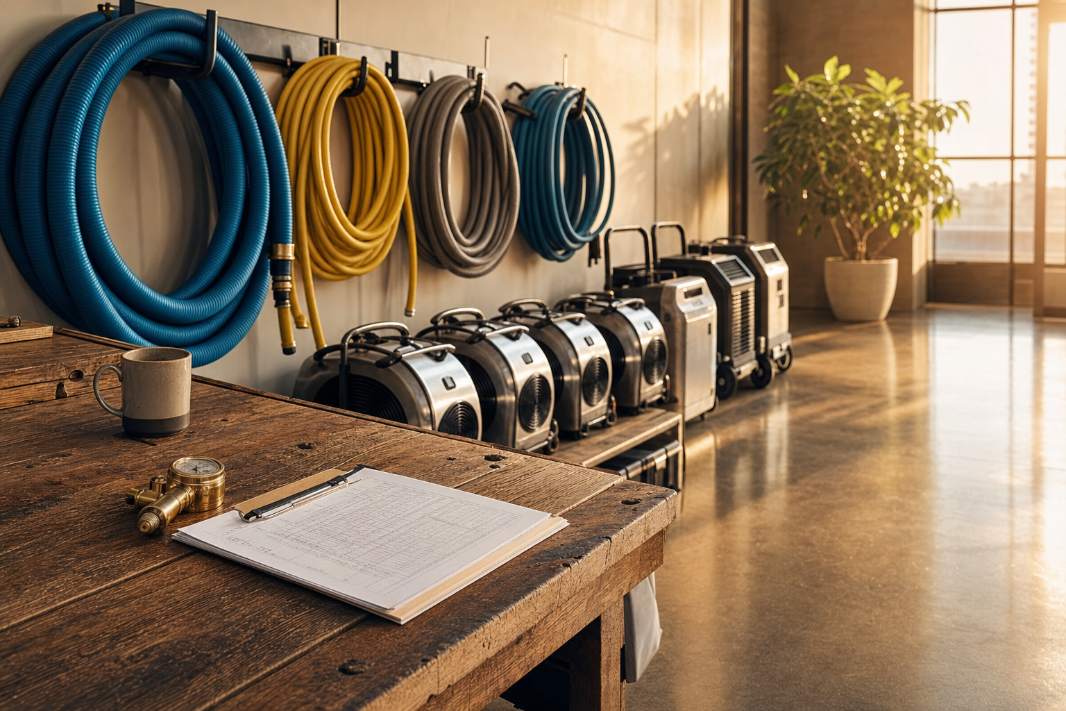 A restoration company's clean, organized equipment bay at golden hour with coiled hoses, air movers, and a paper dispatch log on a workbench.