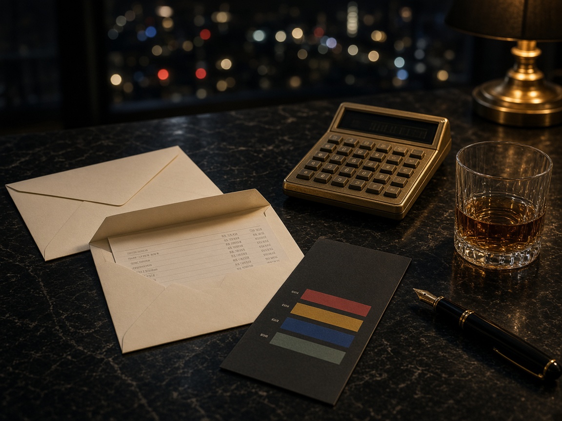 Two payment envelopes, a brass calculator, and a slim severity report on a night desk for web application security review cost