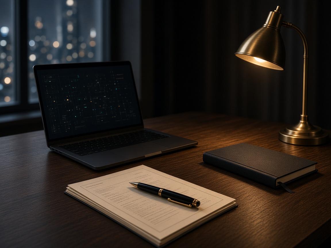 Laptop on a dark desk showing an abstract application, printed notes, brass lamp