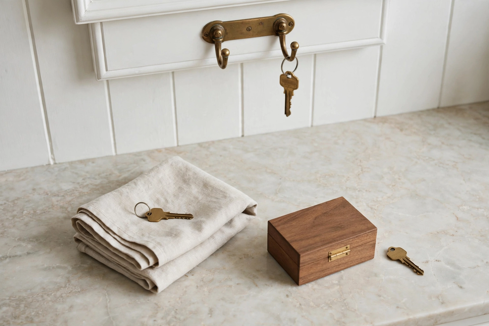 Salon marble station in soft bounced daylight: web developer disappeared, shown as a vacant brass key hook, a spare brass key on folded linen, and a closed wooden box with its key set beside it.