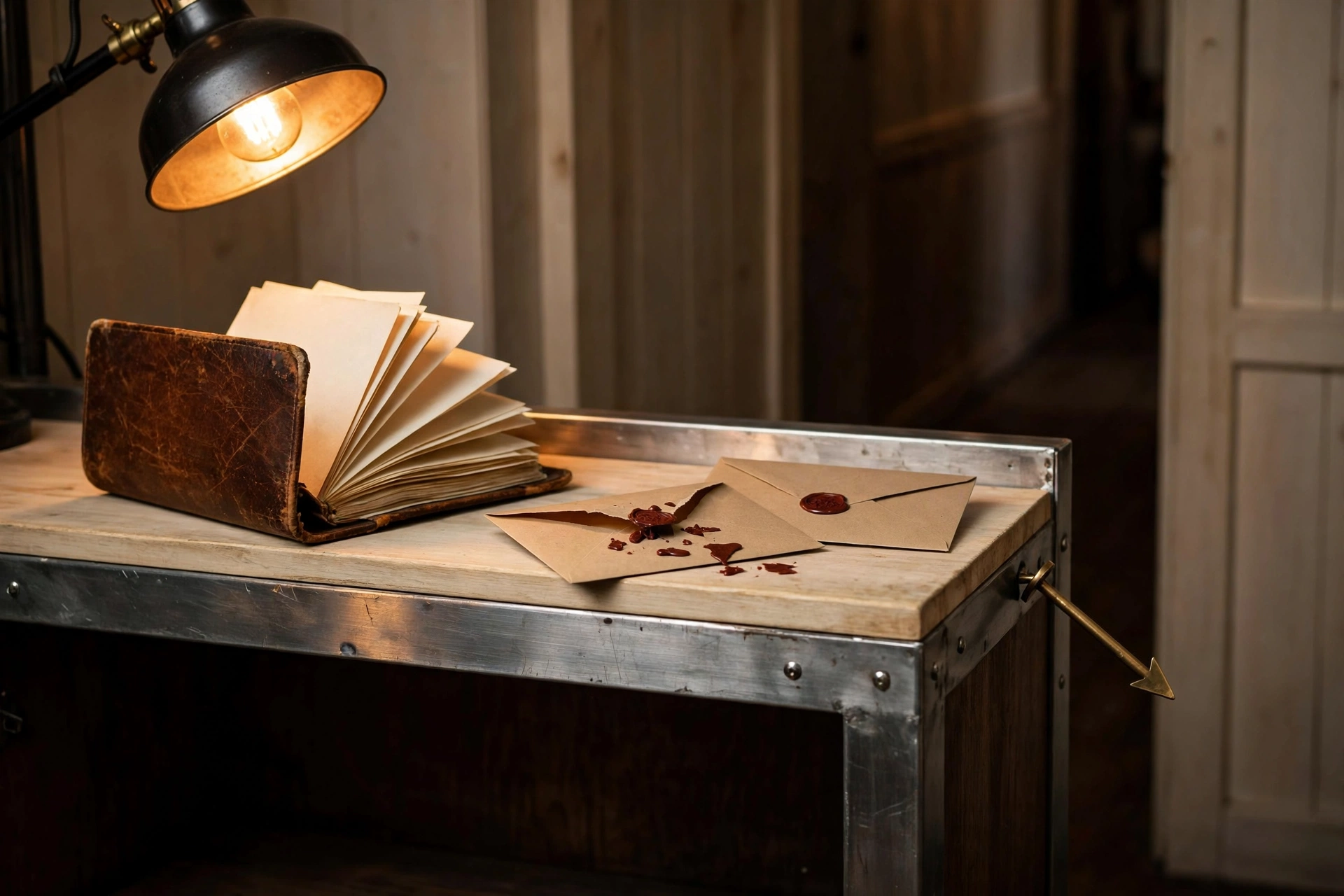 Tungsten service light on a restaurant host stand: website hacked what to do, shown as a brass arrow aimed down the side passage, blank sheets stuffed in a reservation book, and a slit envelope beside a sealed one.