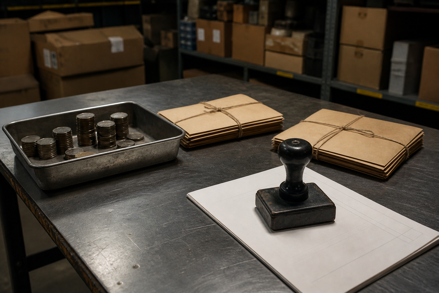 Warehouse dispatch wall under industrial overhead light: a website hosting renewal price increase, shown as a steel coin tray with stacked coins, two sealed quote packets and a heavy date-stamp on blank invoice paper.