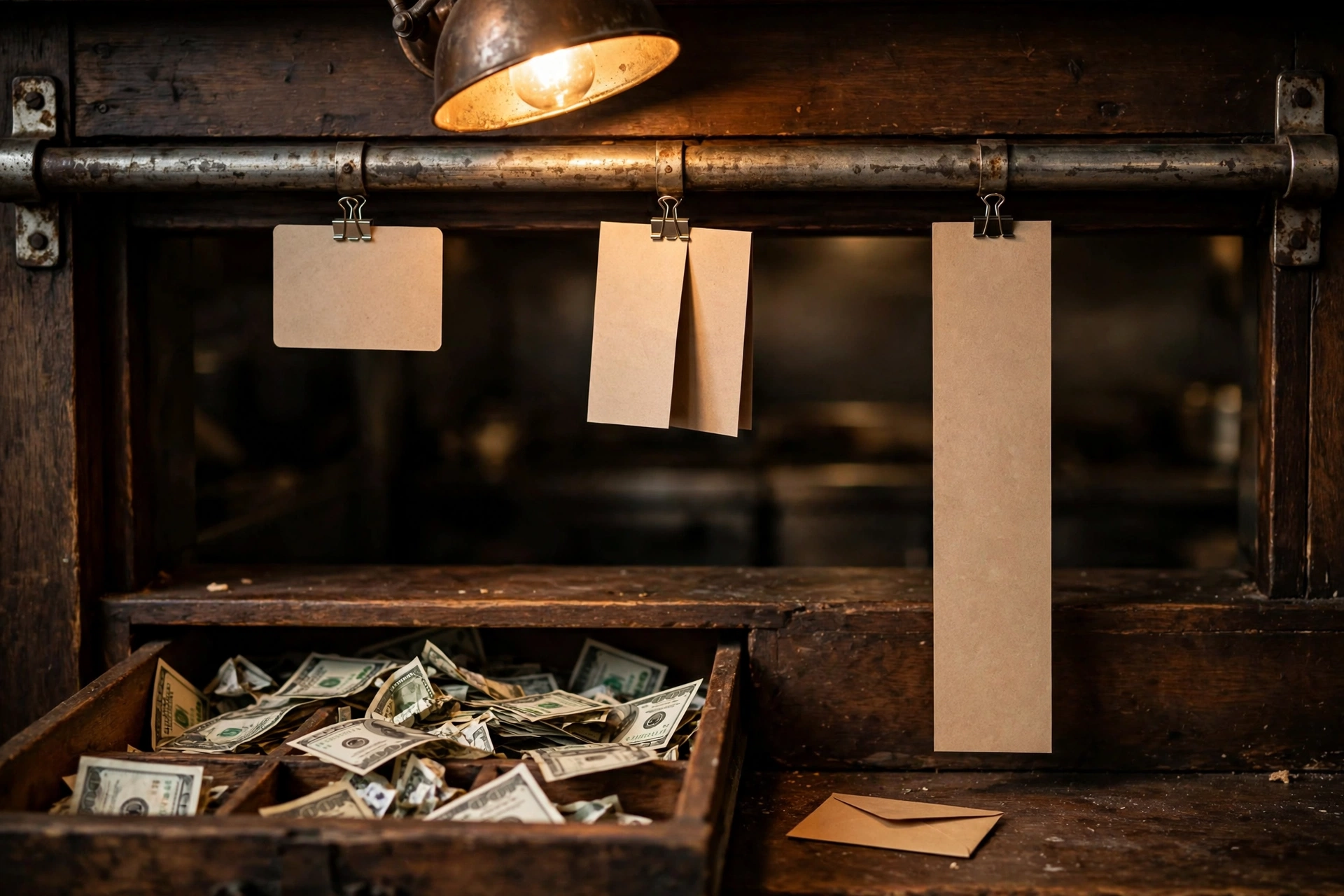 Restaurant pass in tungsten light: website maintenance cost, shown as three blank guest checks of different lengths on a steel rail, an open wooden cash drawer with bills that will not stack, and one kraft envelope too small to hold them.