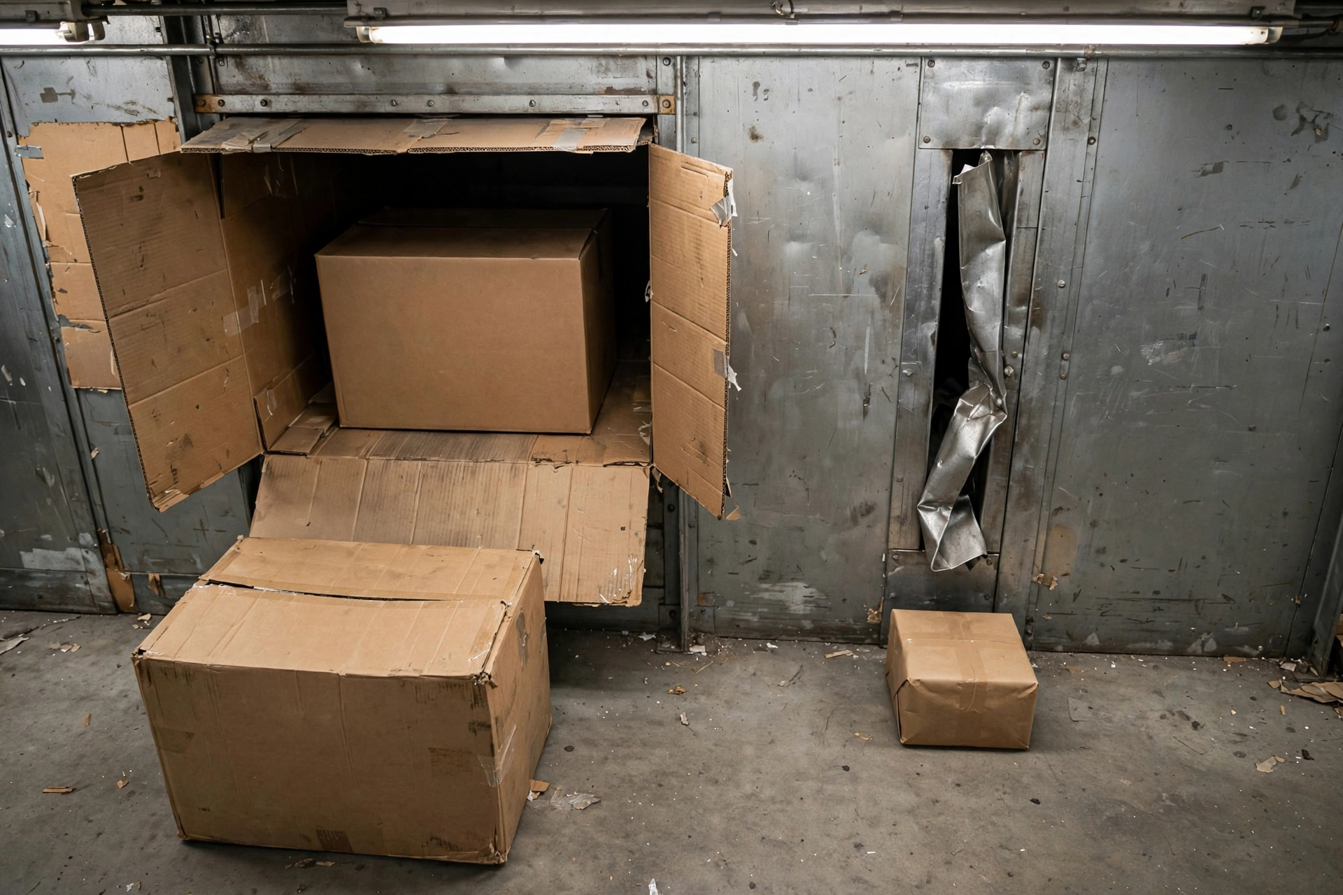 Overhead industrial light on a warehouse mail-room wall: website not loading on phone as a wide cardboard chute left open with a large crate inside, a narrow steel slot jammed by a bent flap, and a small parcel on the floor in front of the slot.
