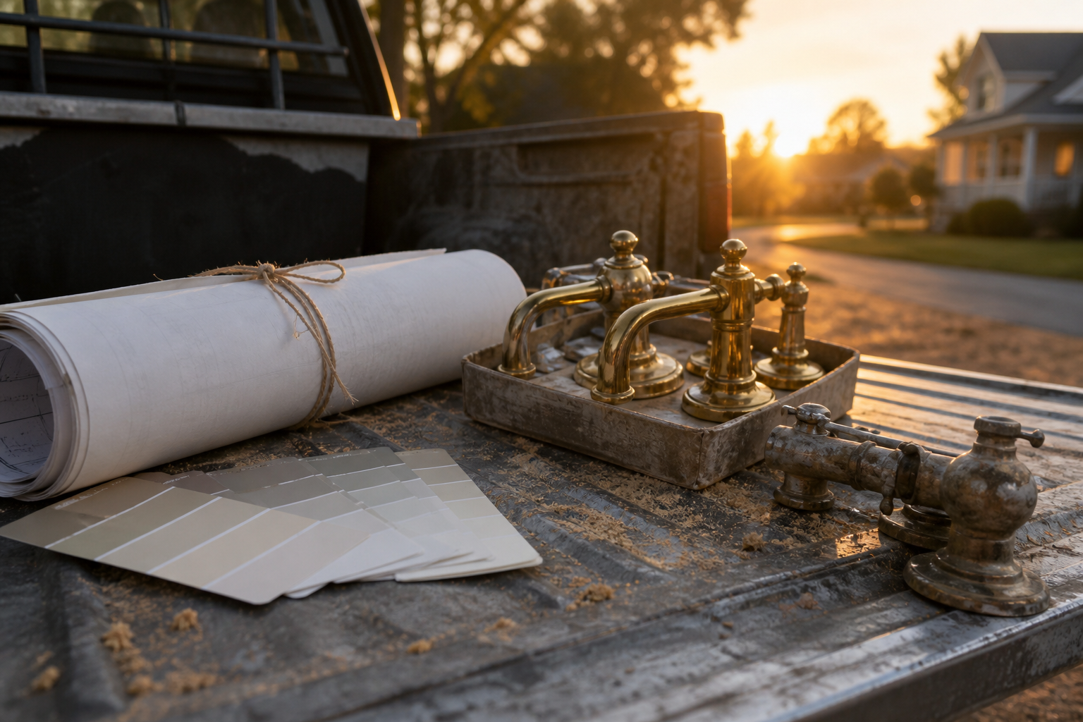 Contractor truck tailgate at dawn in amber light: how much a website redesign costs a small business, shown as rolled vellum plans, blank paint-swatch cards and new brass fixtures beside one old worn fixture.