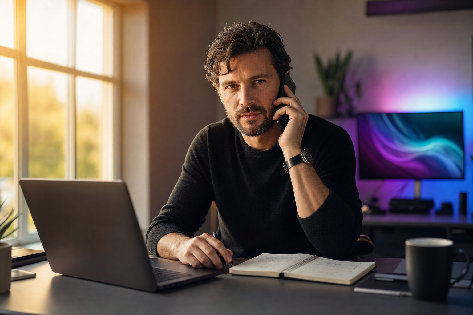 A solo business owner on a focused phone call at a clean desk, warm afternoon light from a window, laptop open with handwritten notes beside it, relaxed and direct expression