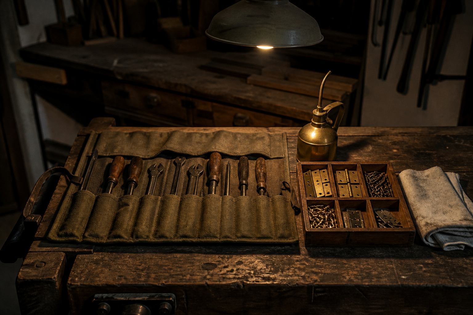 Night workshop bench under a single warm pendant: a website care plan, shown as an open canvas tool roll with oiled hand tools, a brass oil can and spare hinges sorted in a wooden tray.