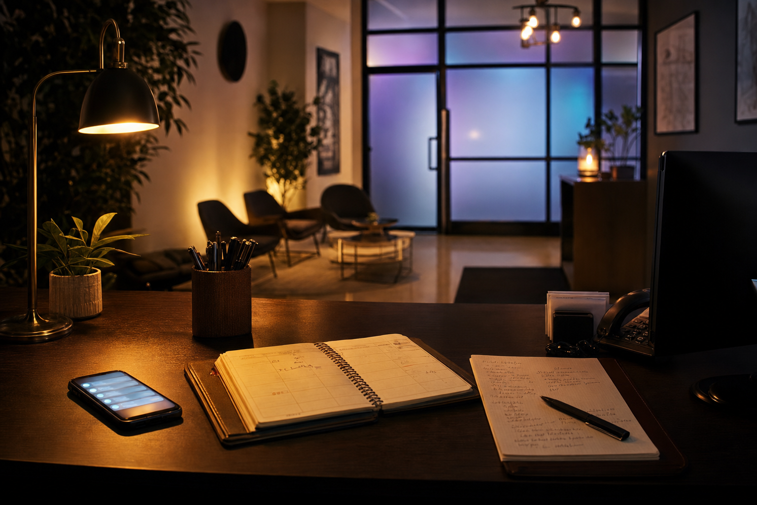 Small service business front desk at evening with a glowing smartphone showing message notifications beside an open paper appointment book and lead intake notes, warm amber light from a desk lamp