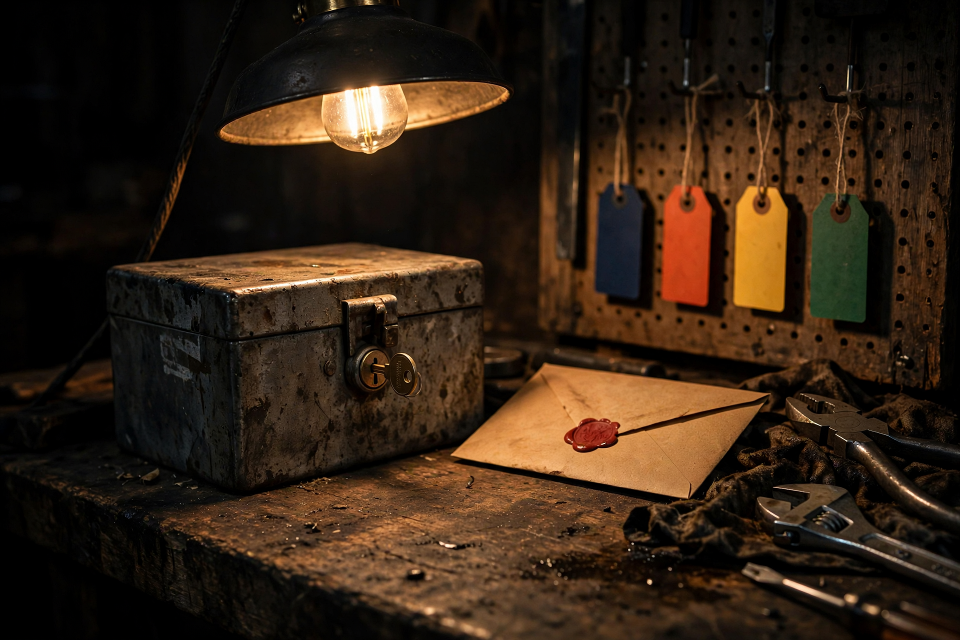 Night workshop bench under a single warm pendant with a locked member cash box, colored role tags on a pegboard, and a sealed owner envelope — the three rooms where Telegram vs Business MCP still goes to the chat bot.