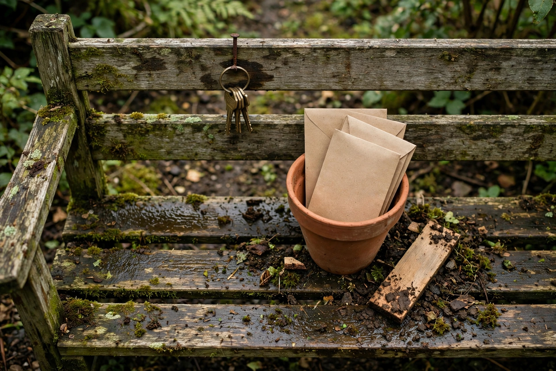 Garden bench in open shade: who hosts my website, shown as an unlabeled brass key ring, blank kraft envelopes under a clay pot, and a wooden plant marker face down on weathered wood.