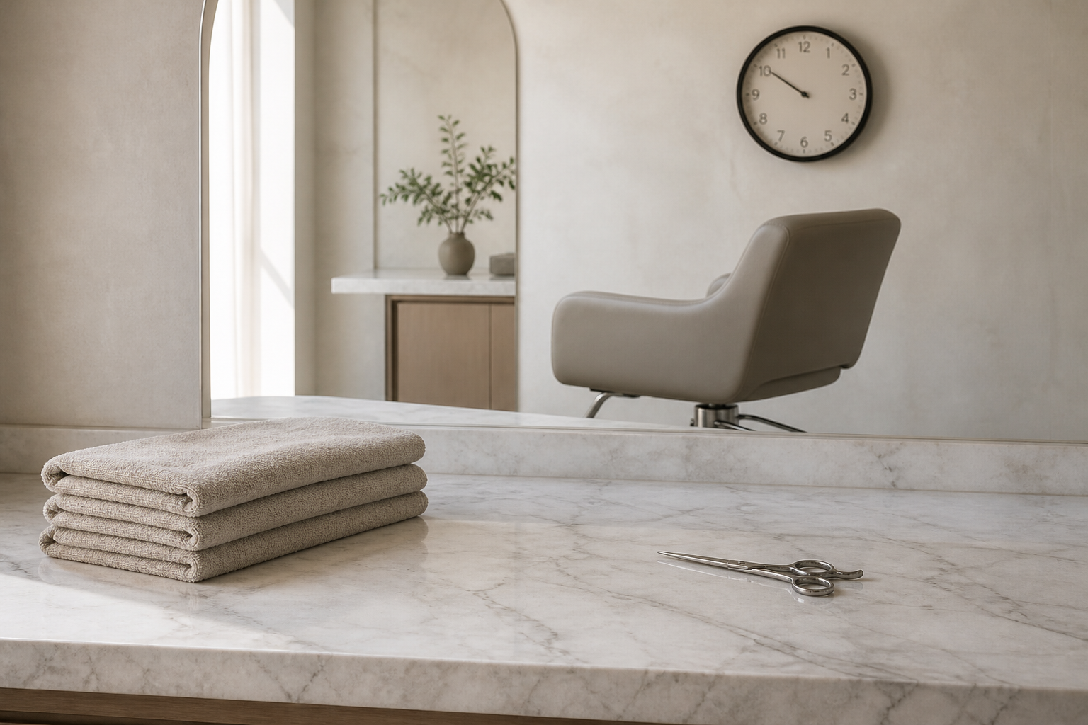 Salon marble station in pale stone daylight: why does my website keep going down, shown as an empty styling chair, a round analog wall clock, folded linen towels and closed scissors on marble, ready and silent.