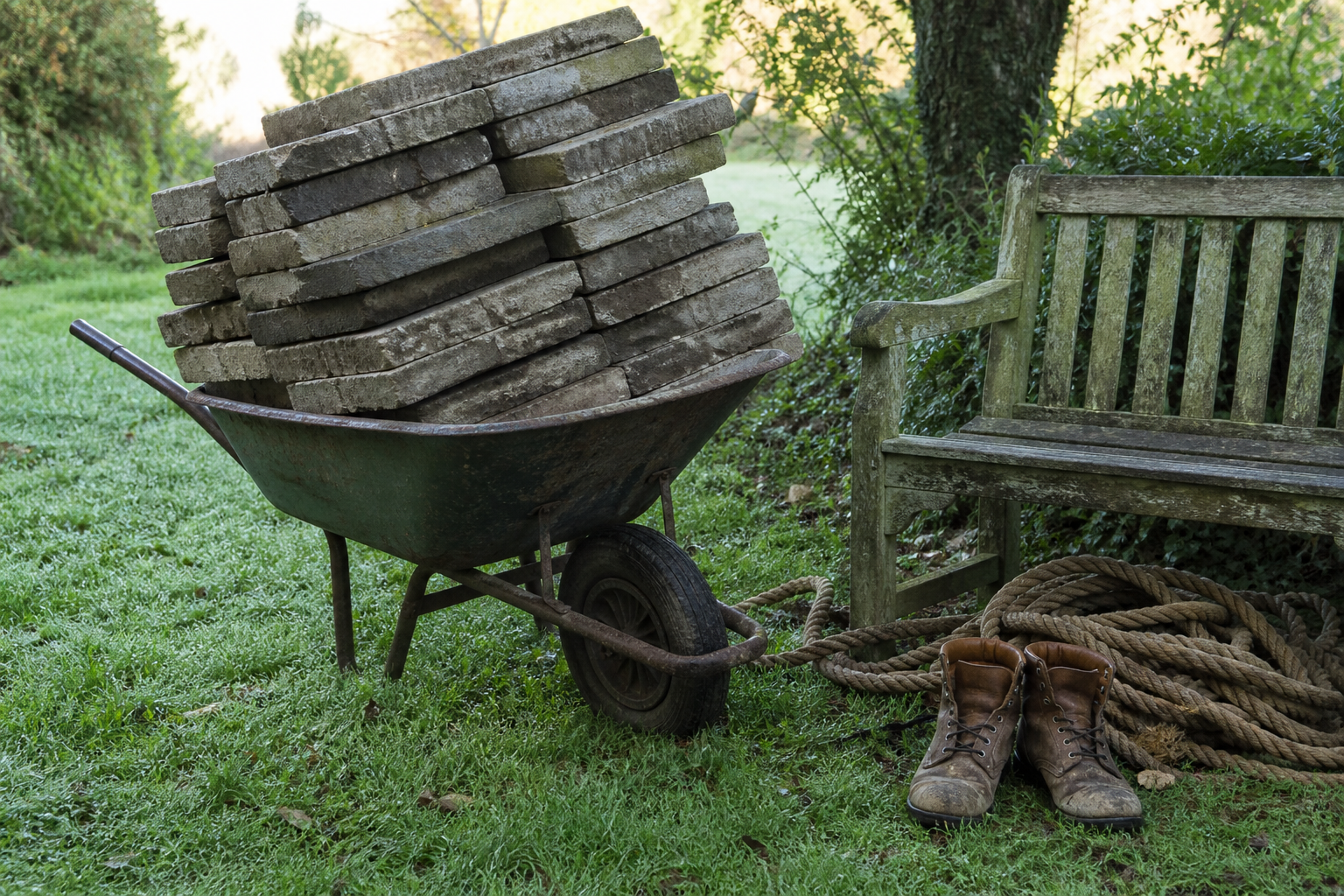 Outdoor service yard in open shade: why is my website so slow, shown as a wheelbarrow stacked far too high with heavy stone pavers beside a weathered garden bench, a coil of rope and worn work boots on wet grass.