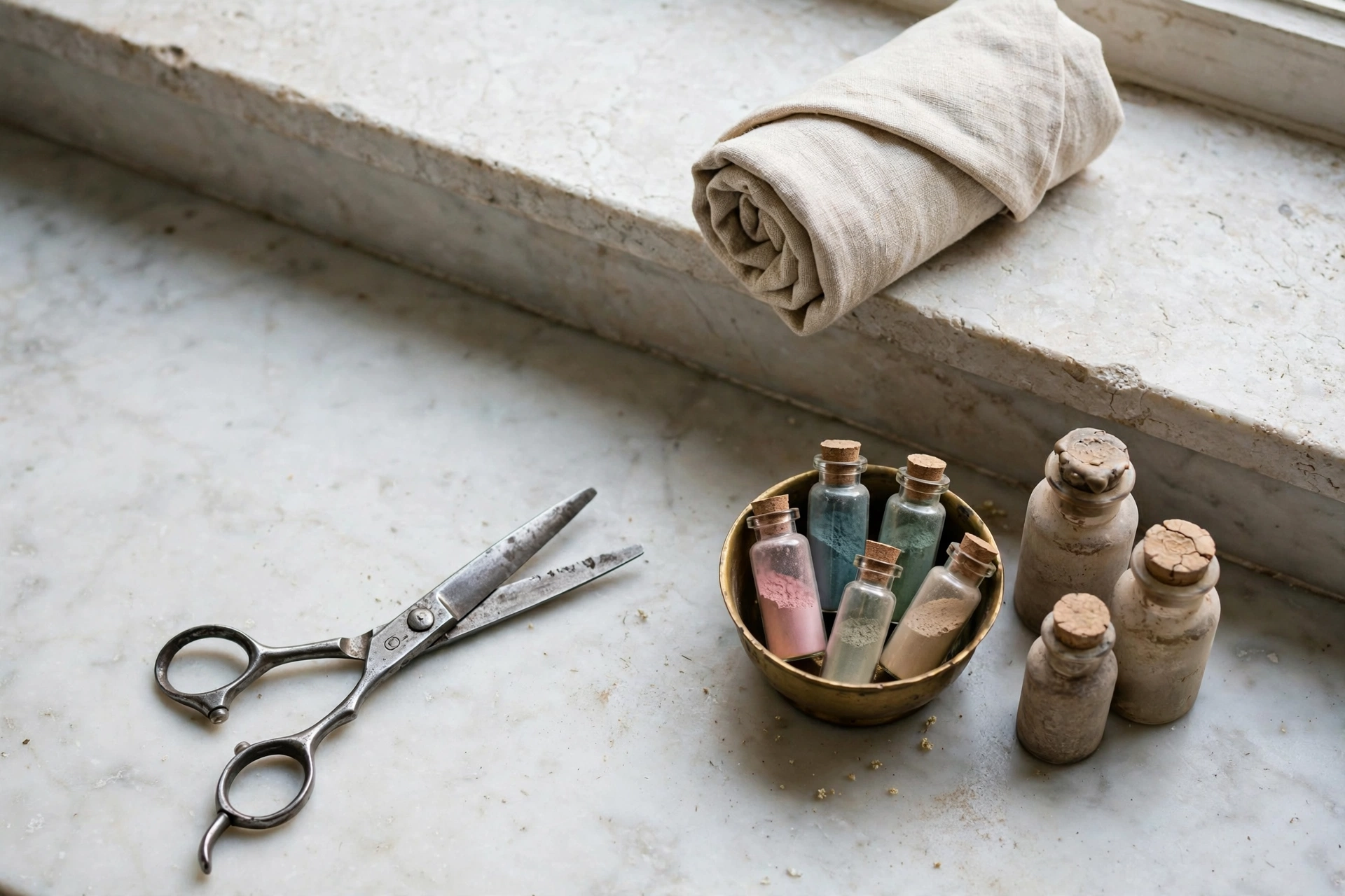 Soft bounced daylight on a salon marble station: a WordPress maintenance plan as dull nicked shears on the stone, a linen-rolled spare set on a separate ledge, and a brass bowl of fresh caps waiting to be swapped.