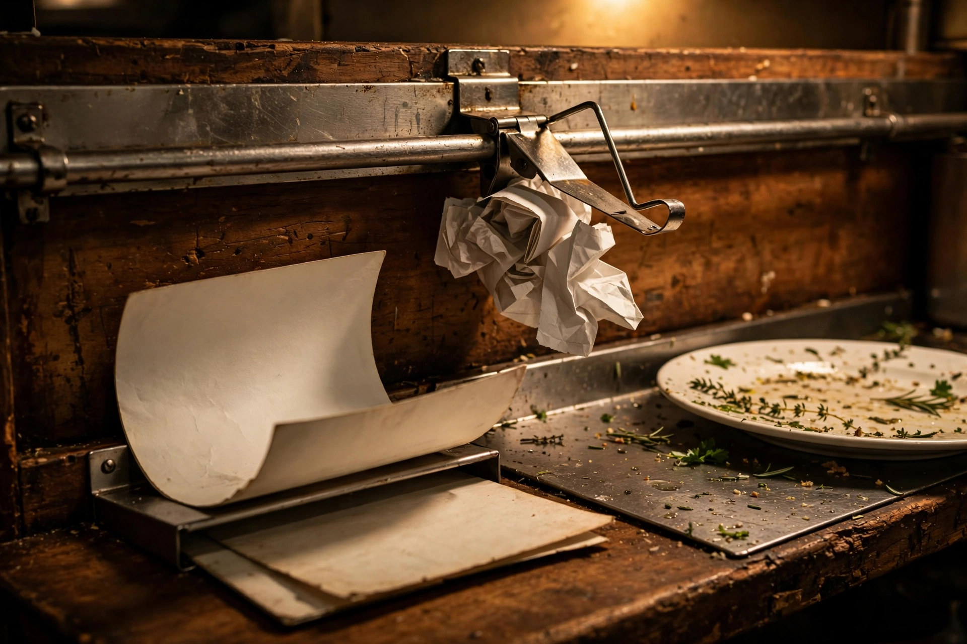 Pase de restaurante con luz de tungsteno: el sitio de WordPress se rompió después de una actualización, mostrado como una tarjeta de menú en blanco deformada que no se asienta, un clip de tickets doblado y un plato empujado fuera del riel de acero.