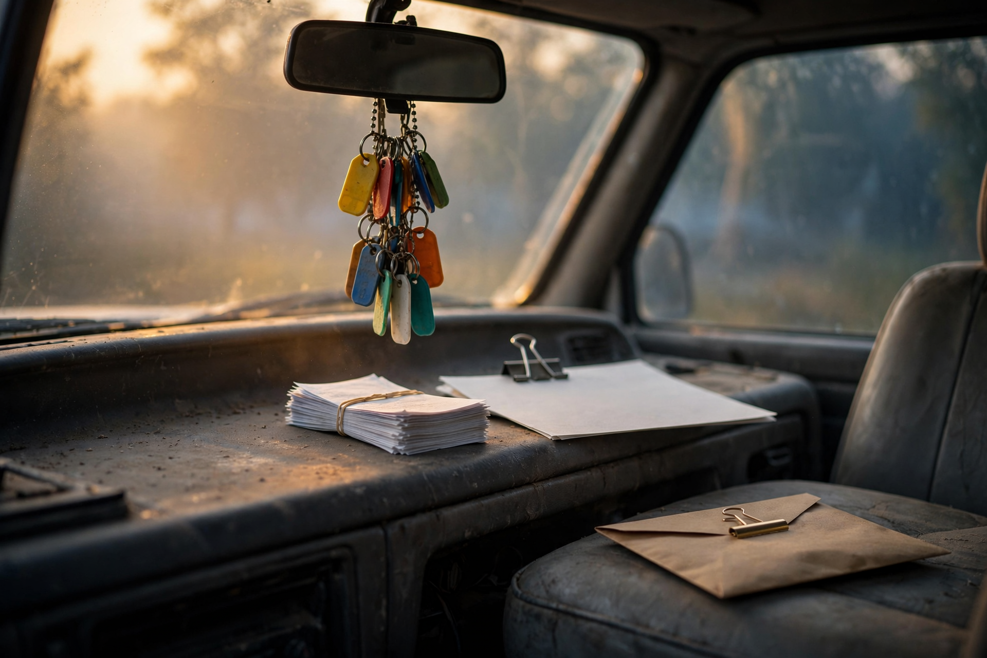 Ámbar de amanecer en el parabrisas de la cabina de una camioneta de contratista, con una cadena enredada de etiquetas plásticas de llaves, un paquete de trabajo abrochado en latón y una pila de talones de pago mensuales, para automatización de flujos de trabajo vs Zapier.