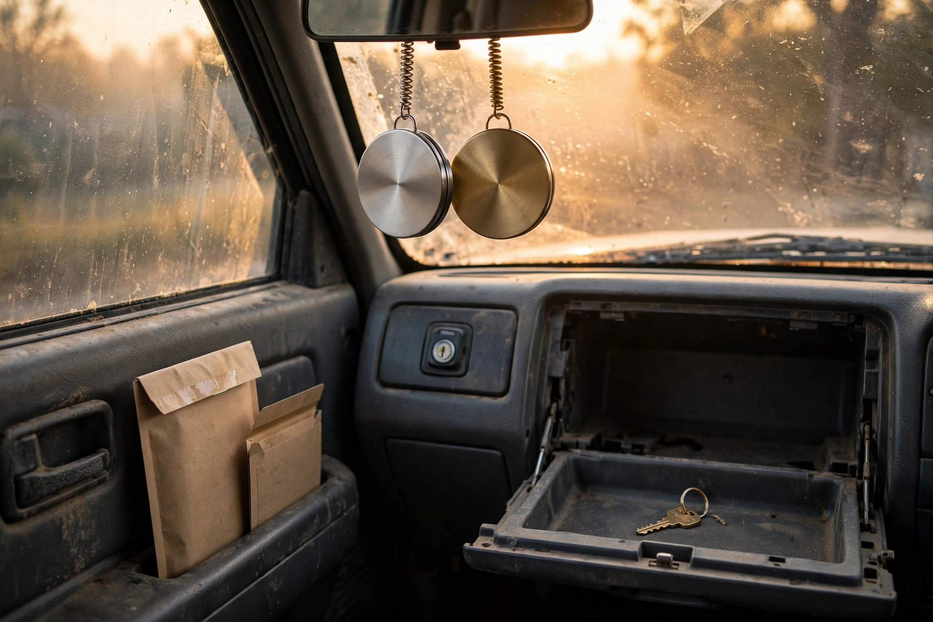 Dawn windshield amber in a contractor truck cab, with two blank badge reels, a brass key in an open glovebox beside a shut lock, and a thick sealed sleeve next to a thinner cash envelope, for WorkOS security review cost.