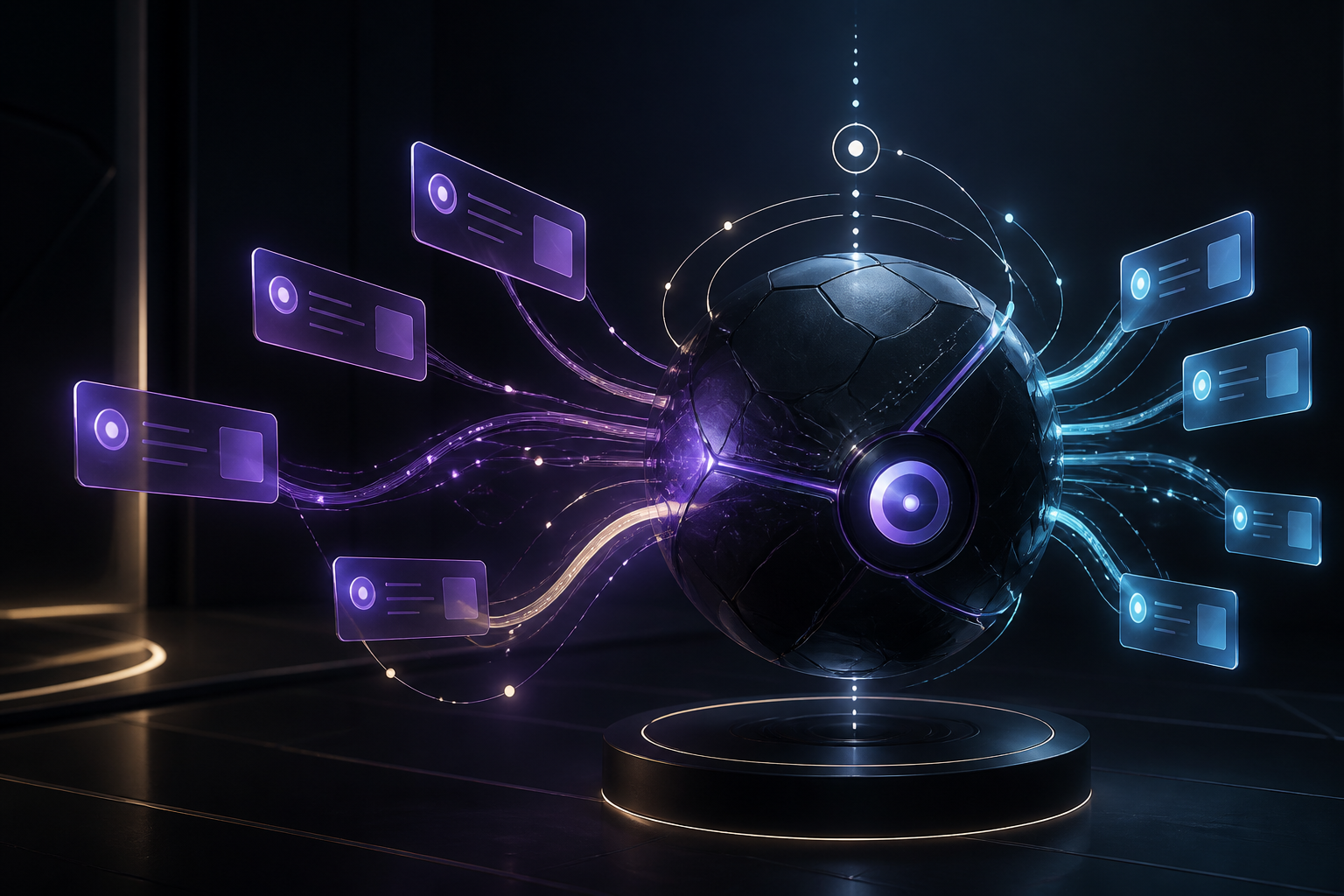 Un núcleo de automatización premium de obsidiana distribuyendo publicaciones mediante rutas API violetas y cian.