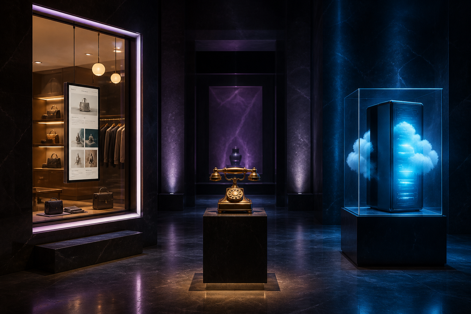 Three-path gallery: converting storefront, brass telephone, and a glowing cloud computer