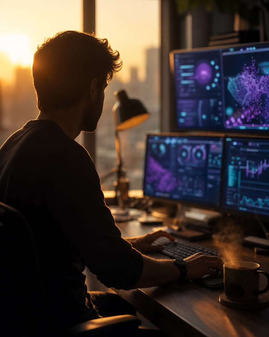 Michael Heredia at a workspace at golden hour, monitors glowing in violet and cyan