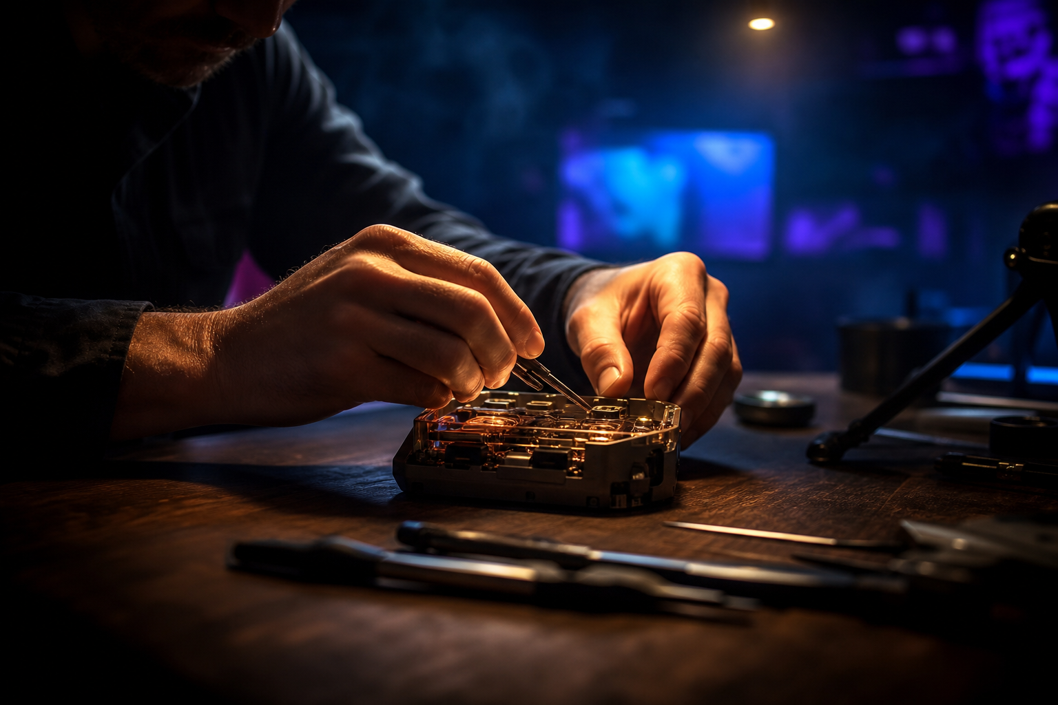 Close-up of careful hand-deployment work — a craftsman tuning a glowing device on a dark workbench, violet and cyan ambient light
