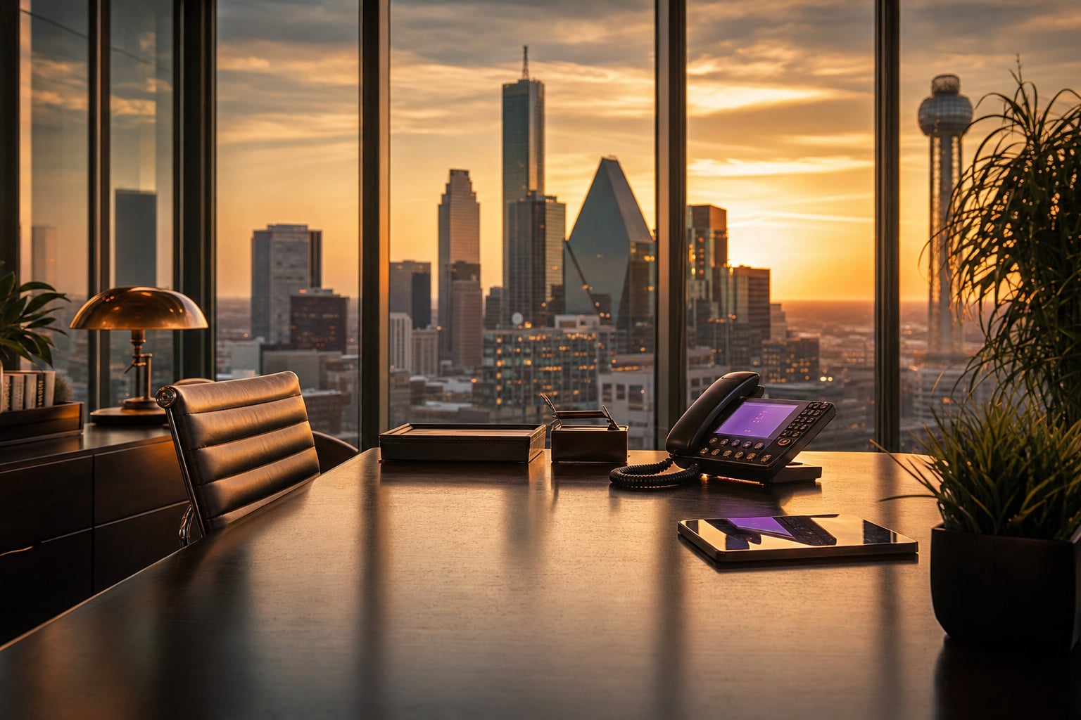Escritorio de oficina moderna con un teléfono de negocio sonando y el horizonte de la ciudad al atardecer