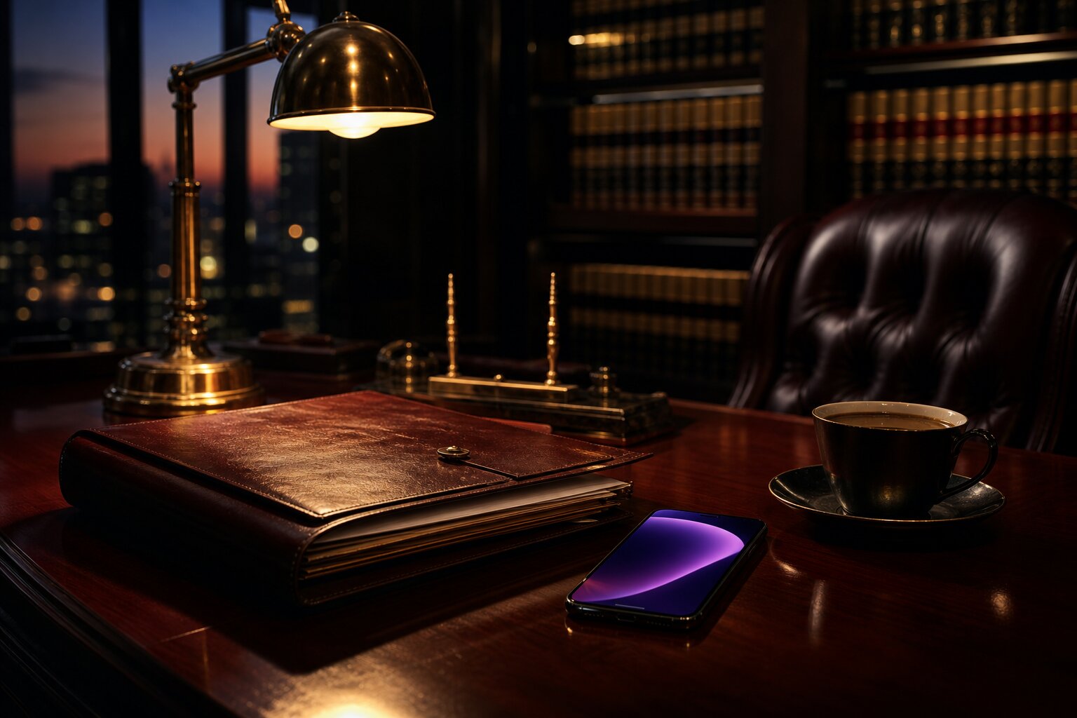 Law office desk with a phone, intake paperwork, and casebooks