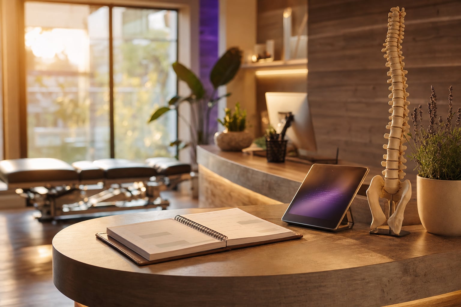 Chiropractic clinic front desk with a phone ringing during a patient adjustment