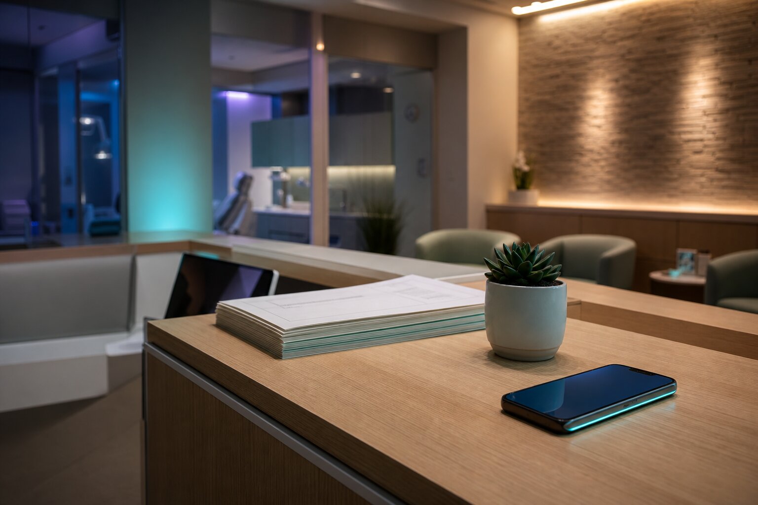 Dental clinic front desk with patient schedule and phone