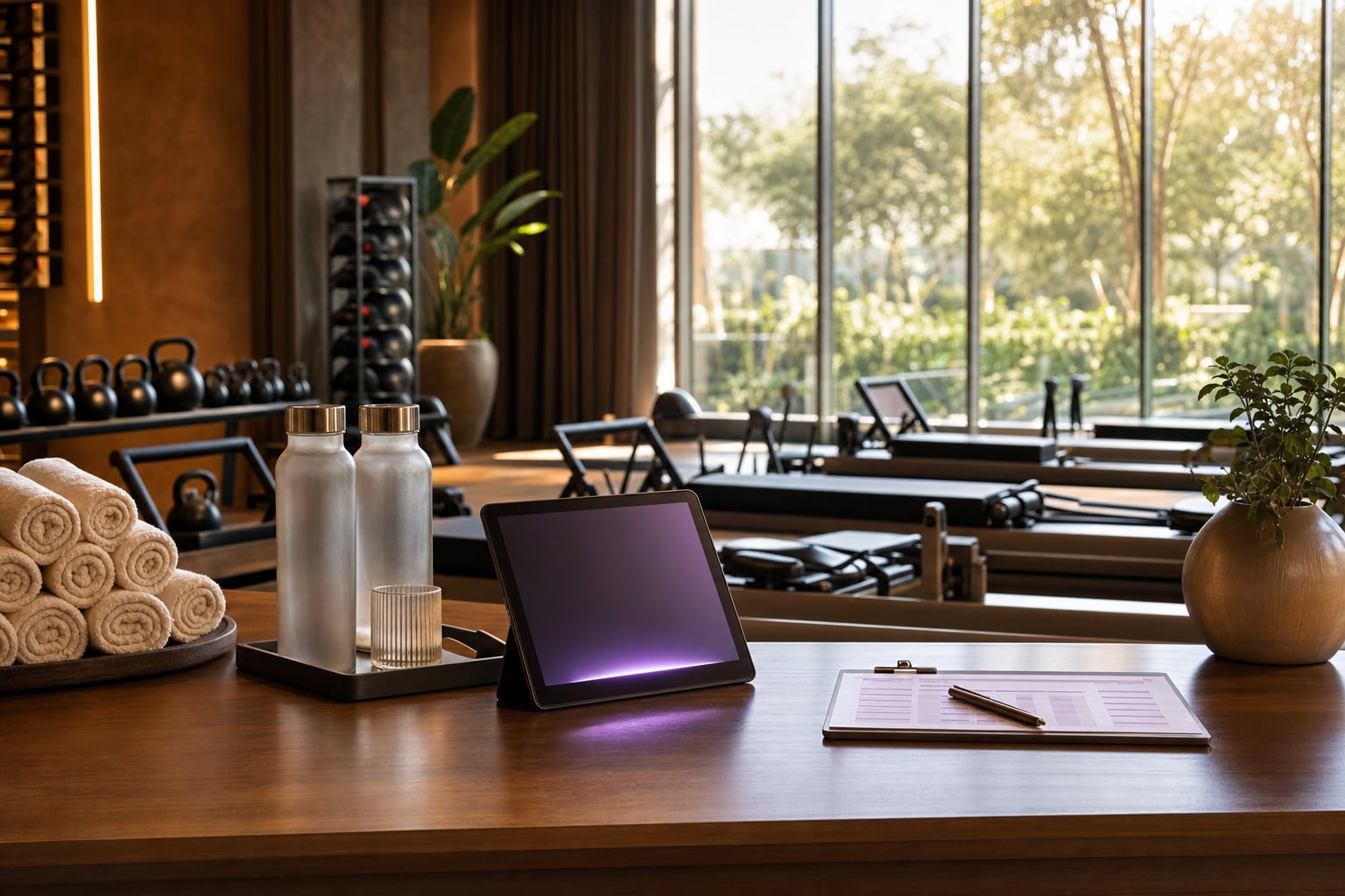 Fitness studio front desk with a phone ringing while a class runs in the background