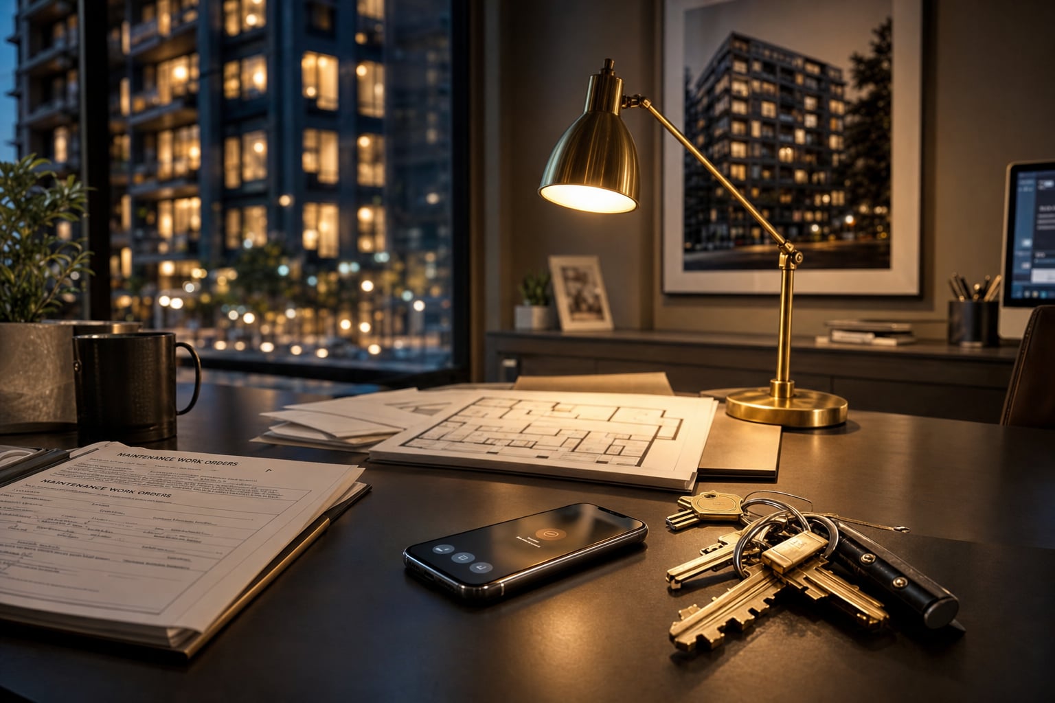 Property management desk with an after-hours emergency maintenance call coming in