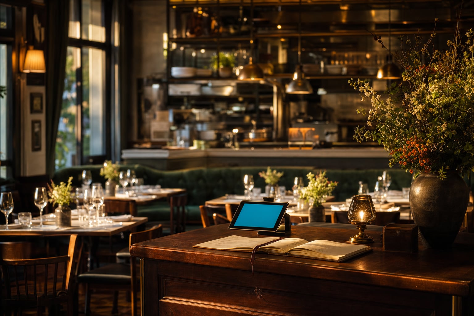 Restaurant host stand with the phone ringing during a packed dinner service