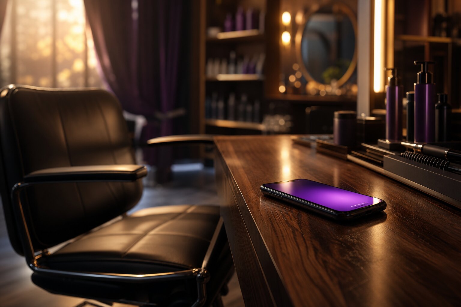 Salon reception desk with appointment book and ringing phone
