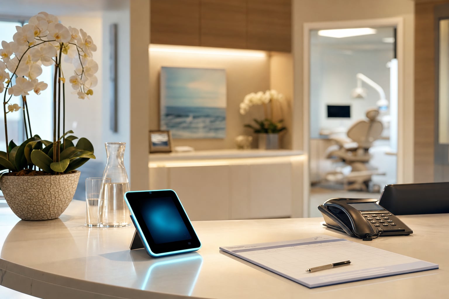 Busy dental front desk checking in a patient while a second incoming call is answered by overflow coverage