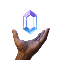 An open hand holding aloft a glowing violet-cyan crystal — careful hand-deployment