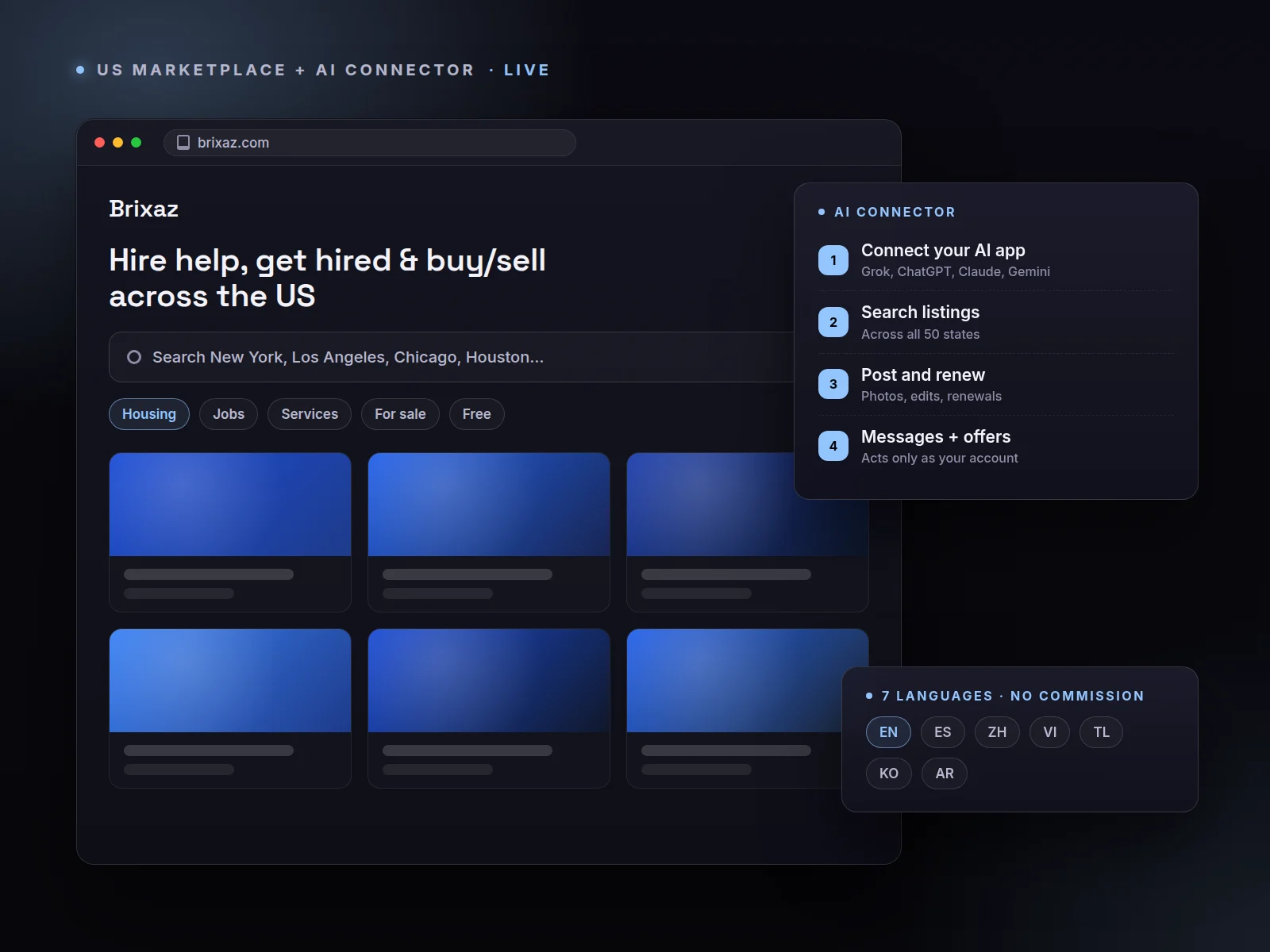 Illustration of the Brixaz US marketplace in a browser, with its AI connector for Grok, ChatGPT, Claude, and Gemini