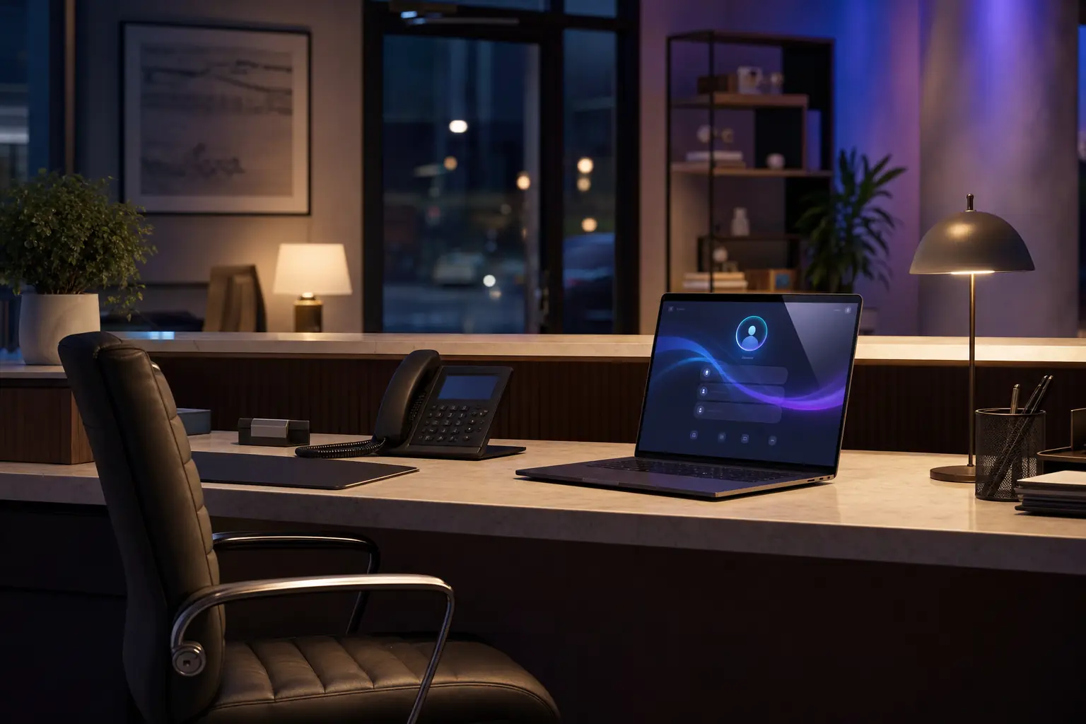 After-hours front desk with AI assistant interface ready to handle routine business tasks.