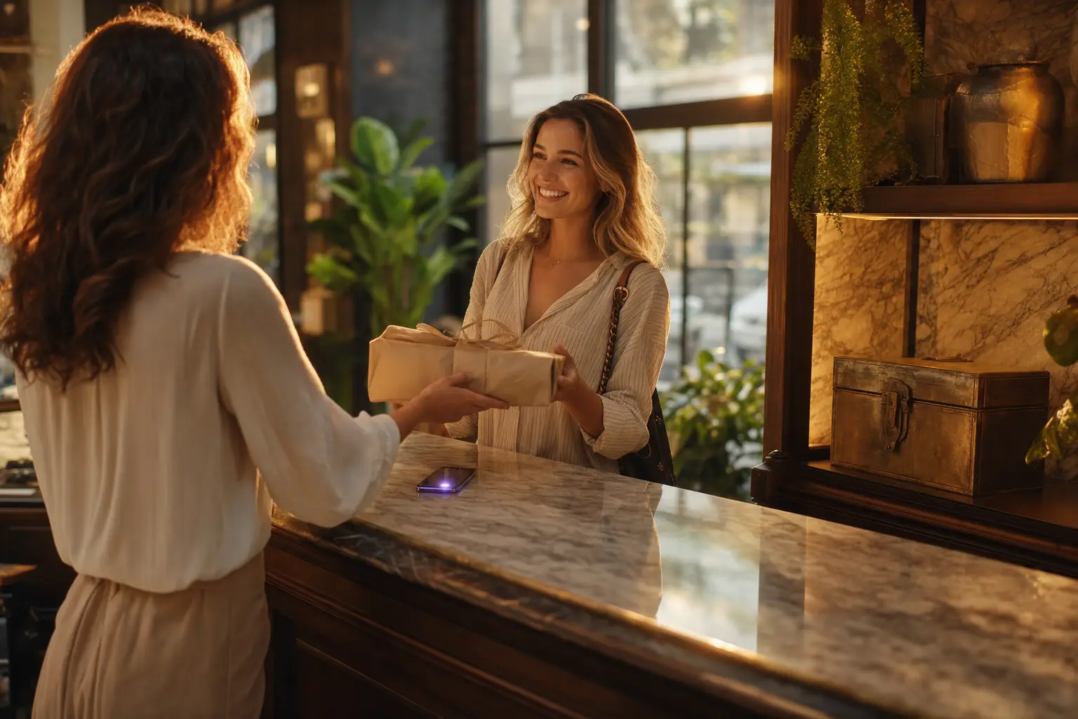 Calm business owner at a warm front desk while an owned AI receptionist quietly handles incoming calls.