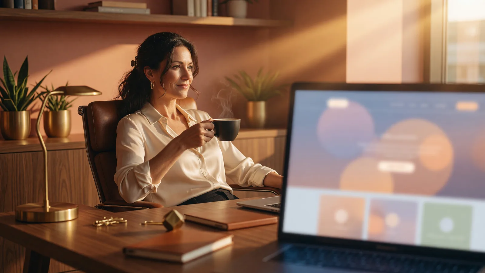 Una dueña de negocio con un café en una oficina cálida, mirando una laptop que muestra un sitio web colorido