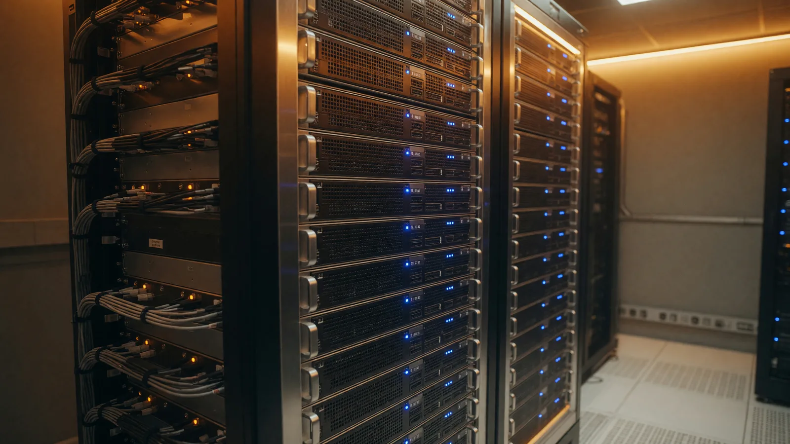 Racks de servidores en una sala con luz cálida y luces de estado azules
