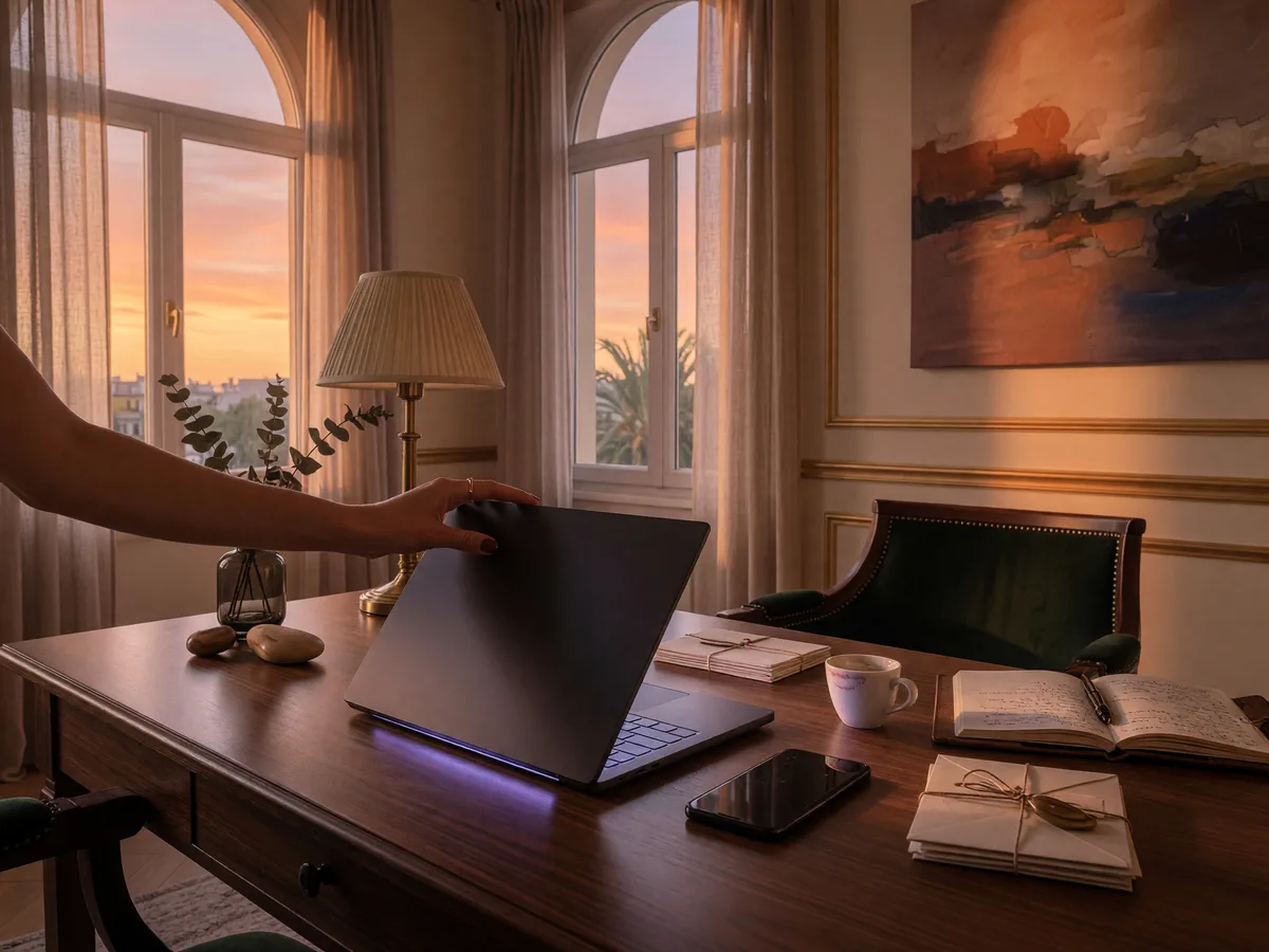 Una mano cerrando una laptop al atardecer en una oficina elegante