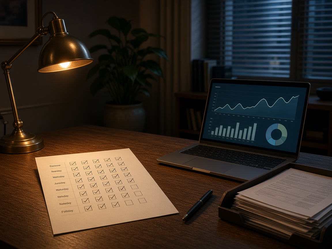 Night back office with a checked weekly list, invoices in a tray, a calm laptop dashboard, brass lamp