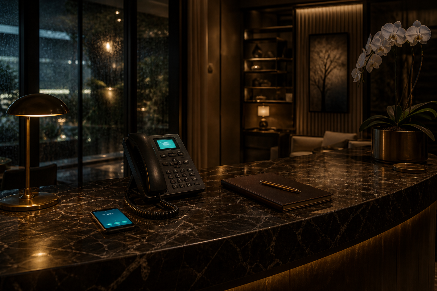 Recepción boutique fuera de horario con un teléfono encendido contestando solo