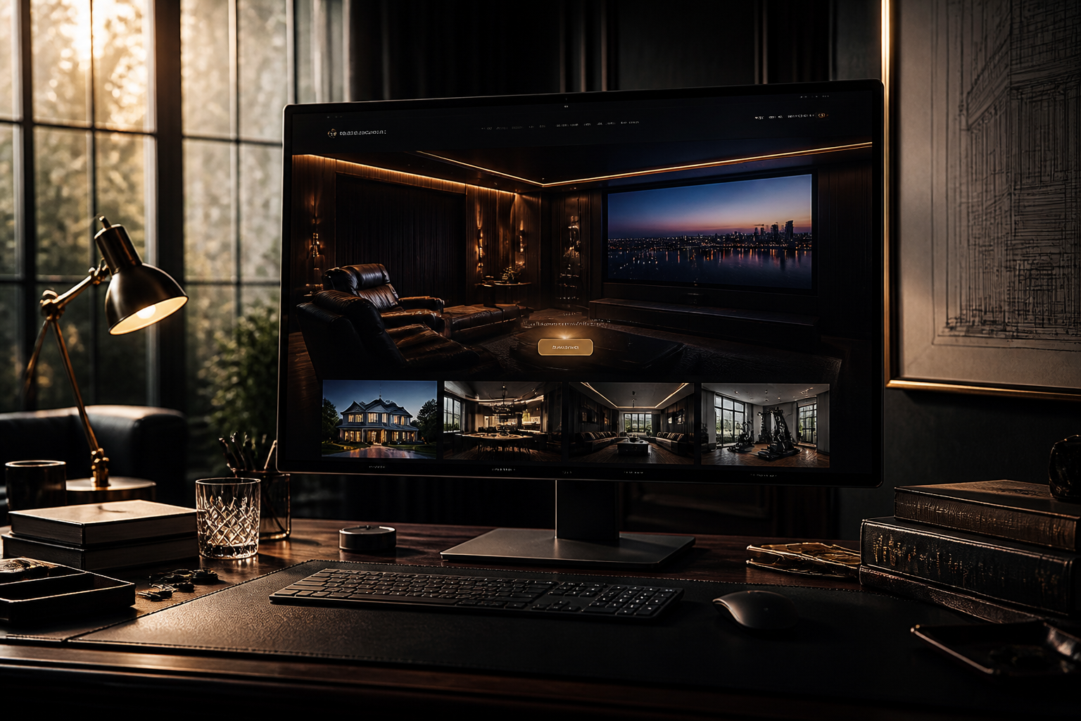Escritorio de estudio de lujo con un sitio pensado para convertir en un monitor cinematográfico, nogal, latón y luz de atardecer