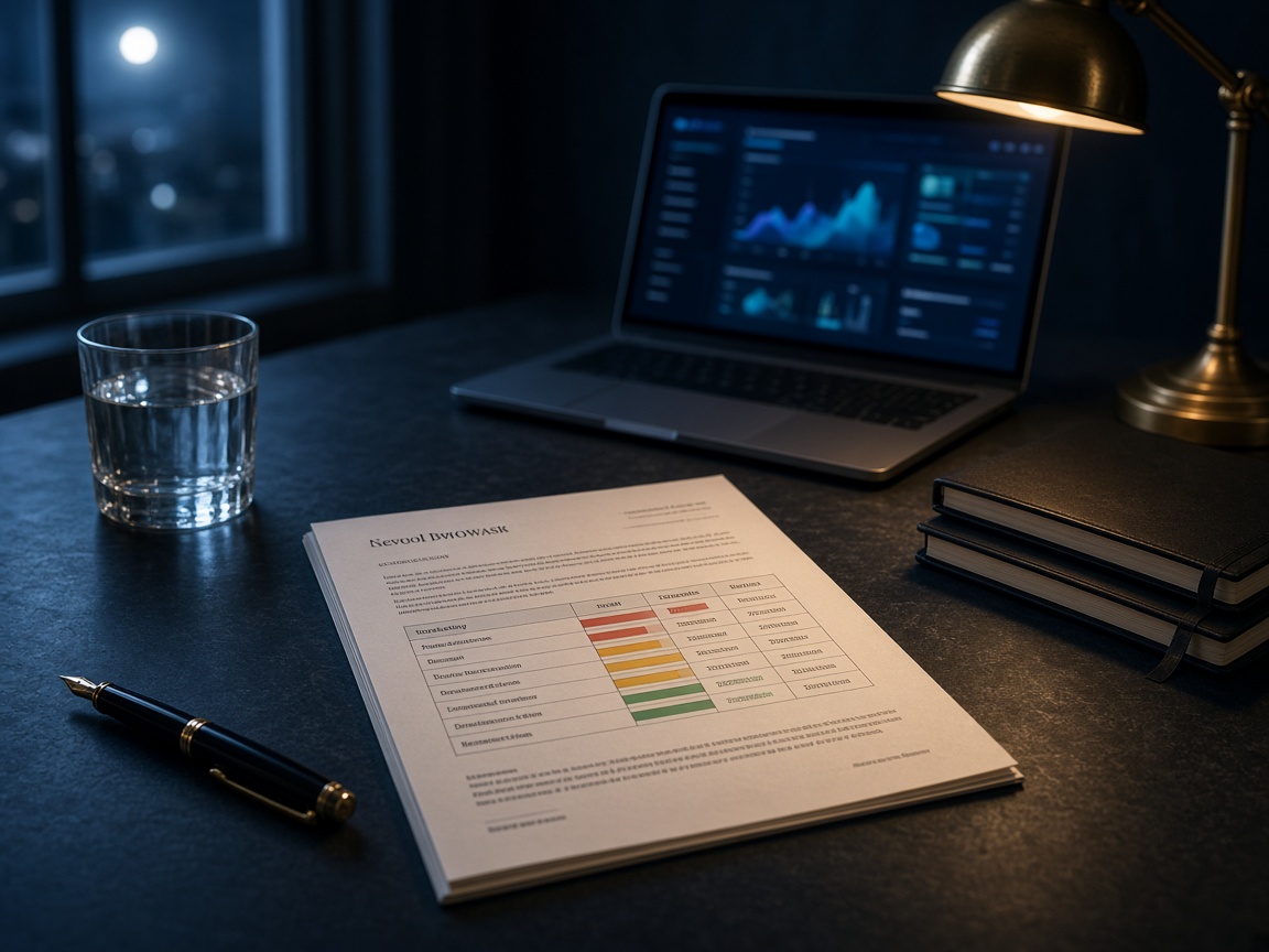 Night desk with a printed severity report, a laptop showing an abstract application dashboard, brass lamp, and moonlight