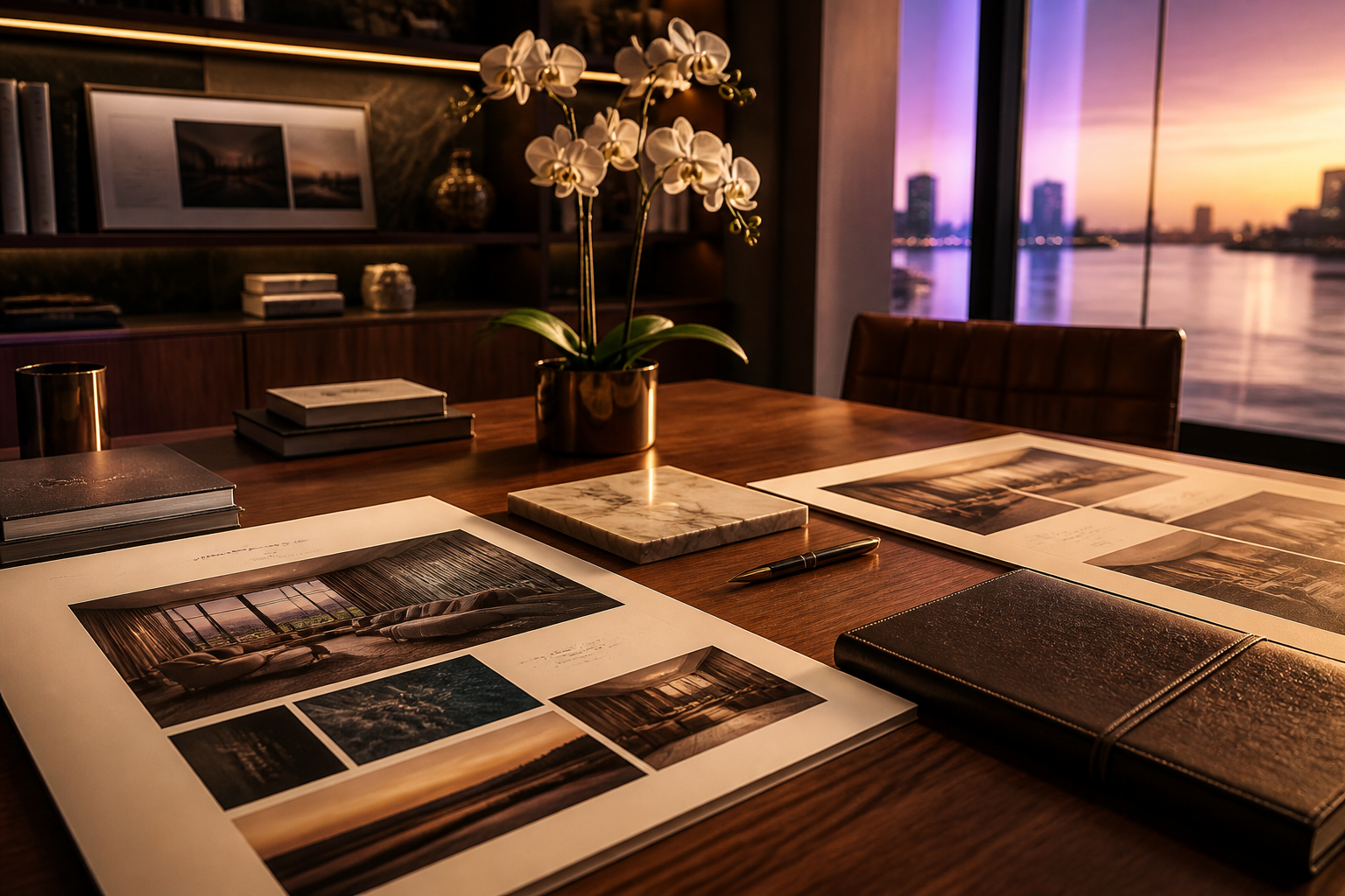 Escritorio de estudio boutique de lujo con maquetas impresas de un sitio web, un libro de marca de cuero y luz de atardecer